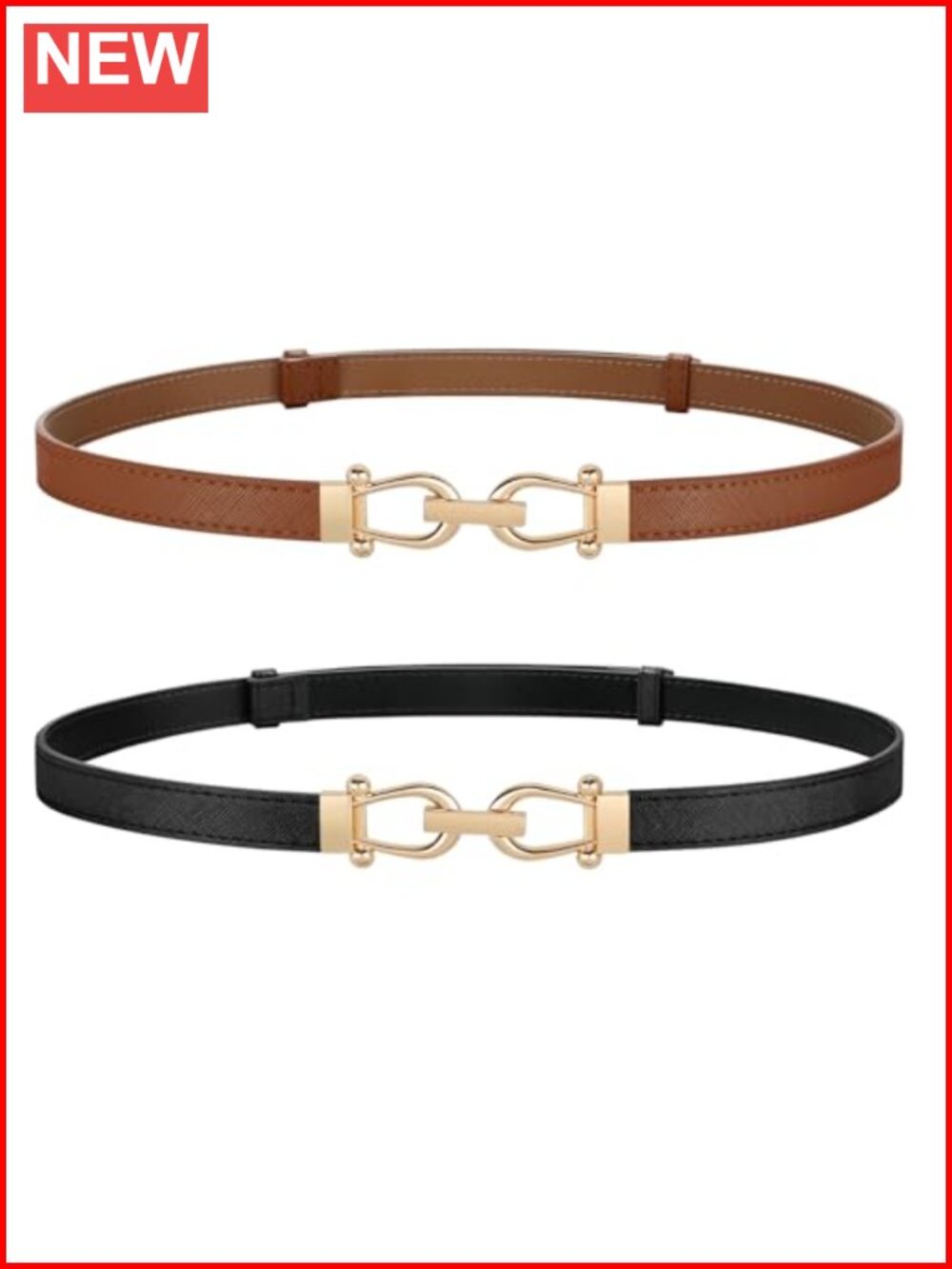 2 Pack Thin Faux Leather Belts for Women Skinny Waist Belts with Gold Buckle